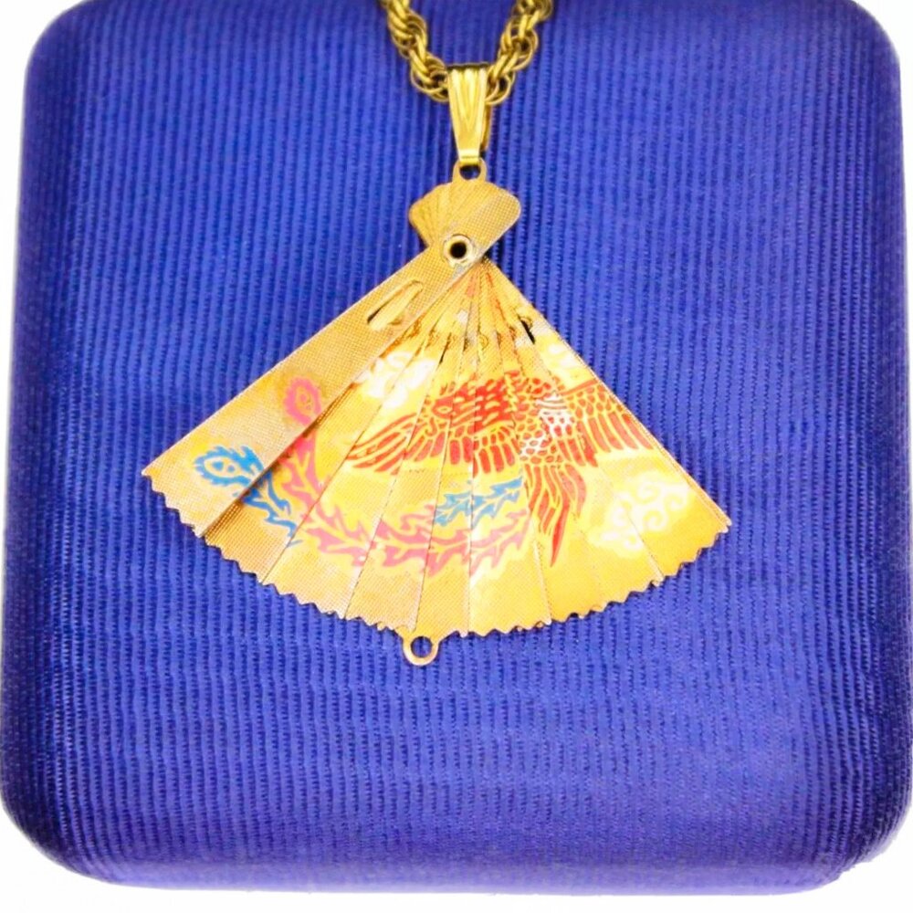 Vintage Asian Articulated Brass Fan Charm Pendant w/ 12k Gold Filled LONG Chain